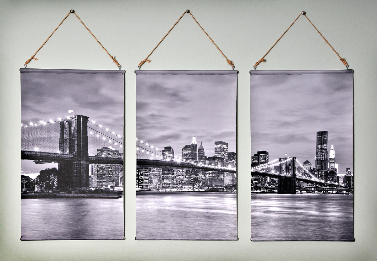 Prints On Canvas. Brooklyn Bridge Triptych Art Canvas Wall Hanging Set Of 3 Prints. 13" X 22" Each Print, Black And White.