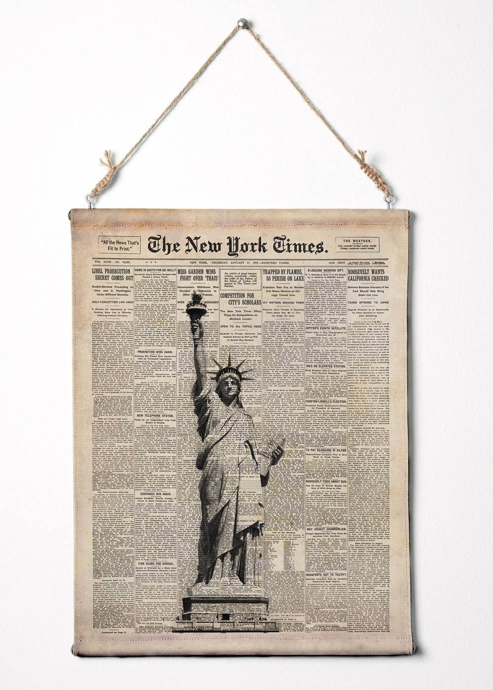 Print On Canvas. Statue Of Liberty On York Times Paper. Nyc Art Canvas Wall Hanging. 12.5" X 16.5"