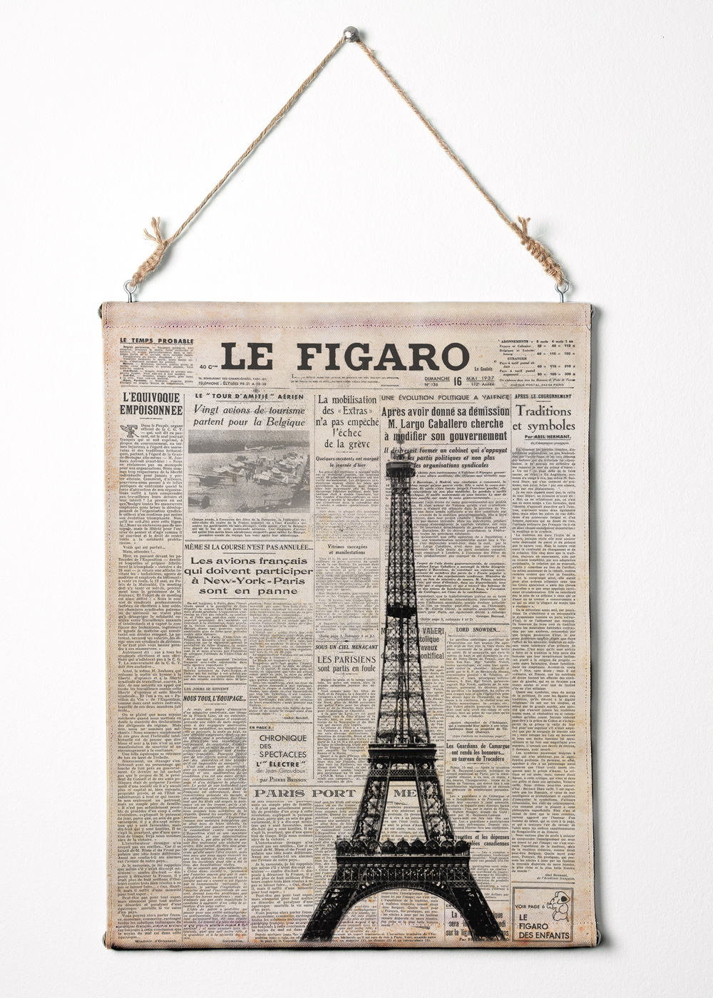Print On Canvas. Eiffel Tower On Newspaper. France Art Canvas Wall Hanging. 12.5" X 16.5"