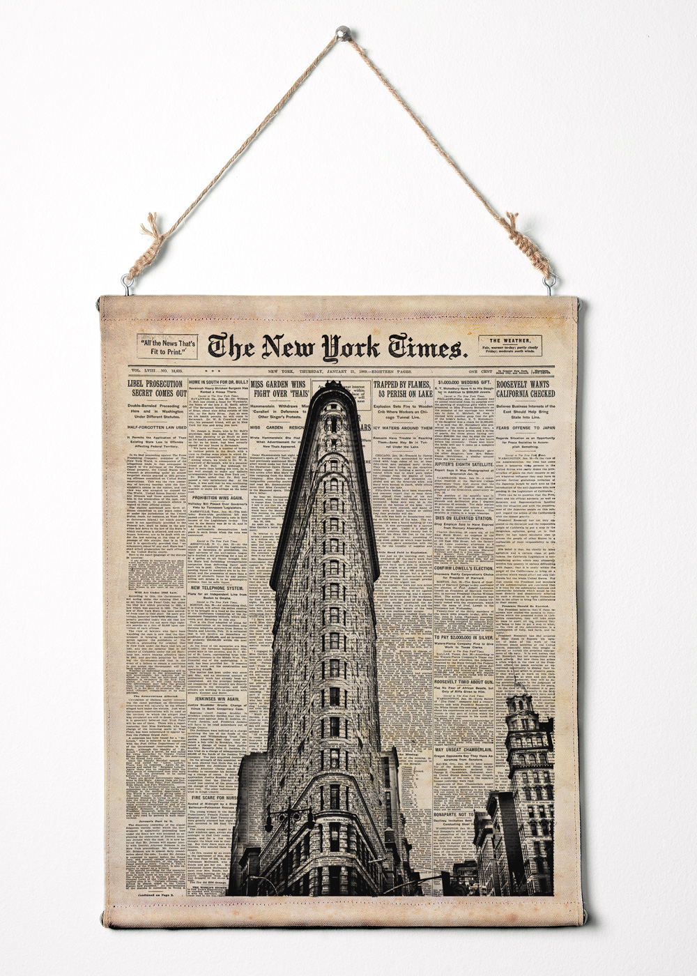 Flat Iron Building On York Times Paper. Nyc Wall Art Canvas Wall Hanging. 12.5" X 16.5"