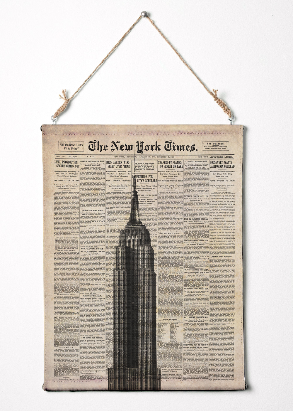 Print On Canvas. Empire State Building On York Times Paper. Nyc Wall Art Canvas Wall Hanging. 12.5" X 16.5"