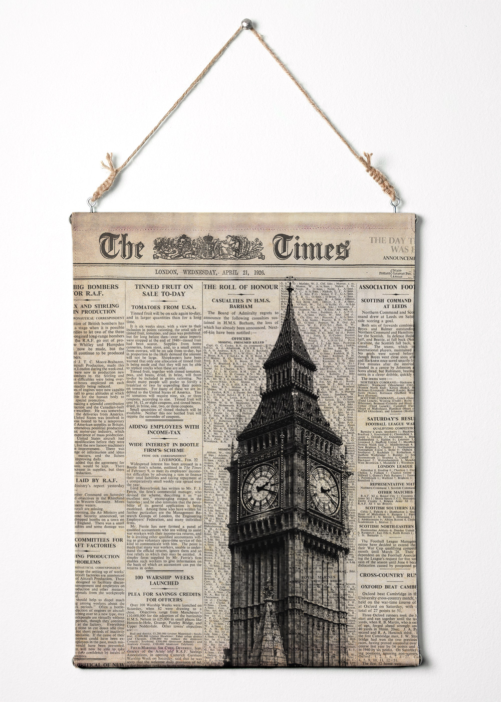 Print On Canvas. Big Ben And Newspaper. London Wall Art Canvas Wall Hanging. 12.5" X 16.5"